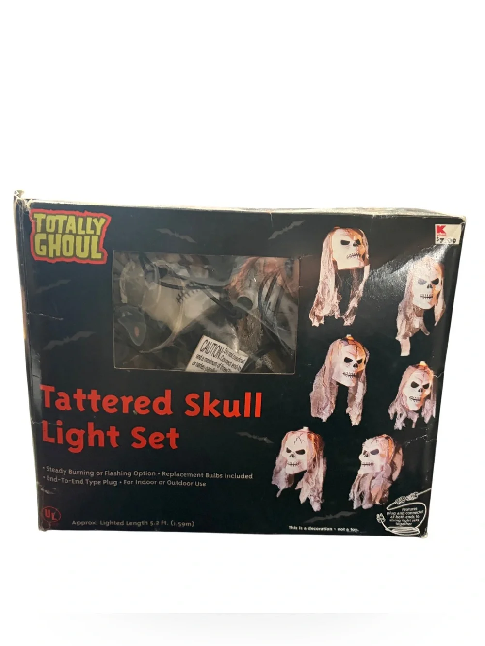 Vintage Totally Ghoul Halloween Tattered Skull 5 Ft. String Light Set In Box